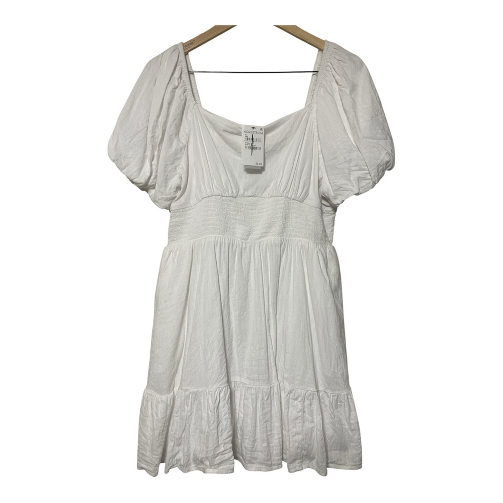 BP Puff Sleeve Shirred Waist Mini Dress | White | XL